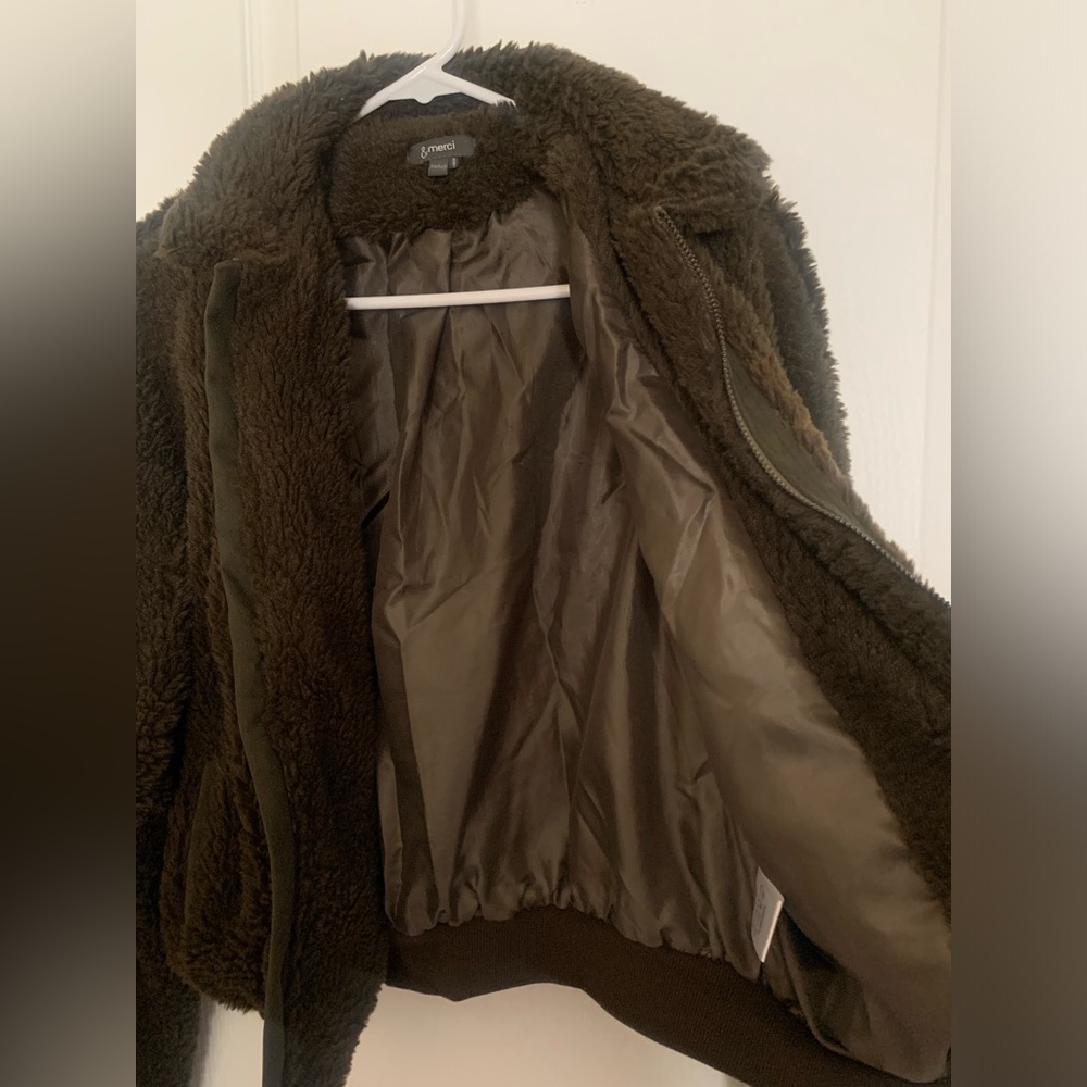 &merci Faux Fur Dark Olive Bomber Jacket - Picture 5 of 10